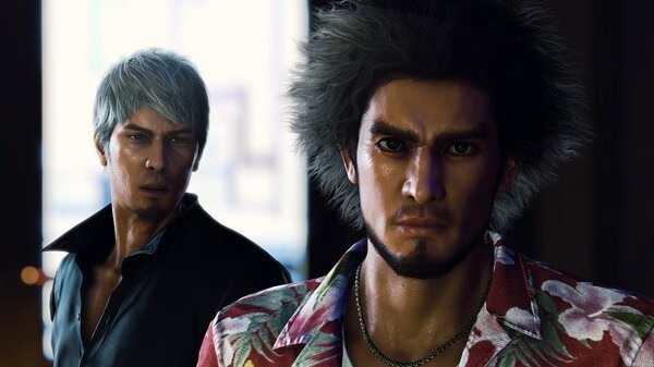 Screenshot from Like a Dragon: Infinite Wealth showing two characters, one with gray hair and another in a floral shirt, standing indoors.