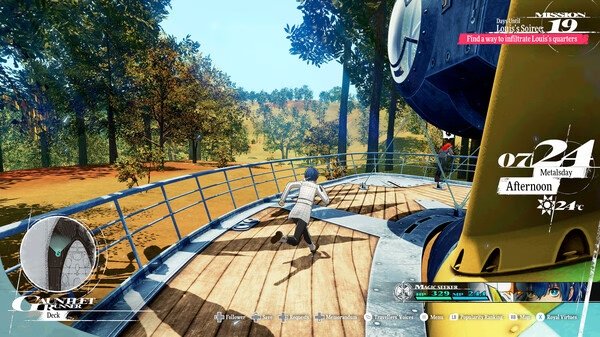 Screenshot from Metaphor: ReFantazio showing a character running on a ship's deck, with a forested landscape in the background.