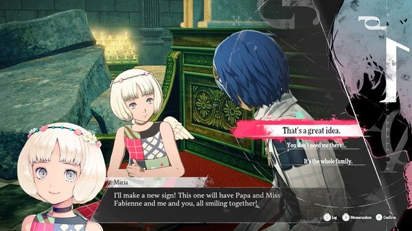 Screenshot from Metaphor: ReFantazio showing a character with blue hair talking to a young girl named Maria in a decorated room.