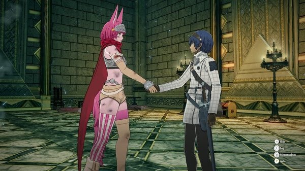 Screenshot from Metaphor: ReFantazio showing two characters shaking hands inside a grand, stone-walled chamber.