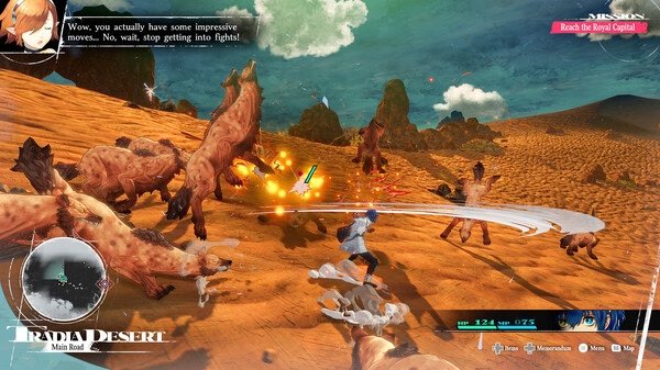 Screenshot from Metaphor: ReFantazio showing a character battling multiple creatures in a desert landscape.