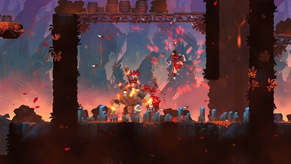 Screenshot from Dead Cells showing a player character battling a large, glowing enemy amidst a vibrant, autumn-themed backdrop.