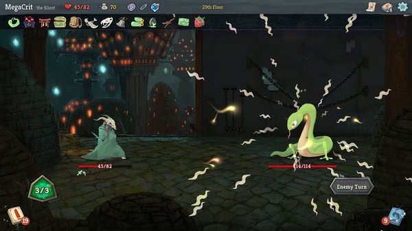 Screenshot from Slay the Spire showing a battle between The Silent and a green serpent enemy in a dimly lit dungeon.