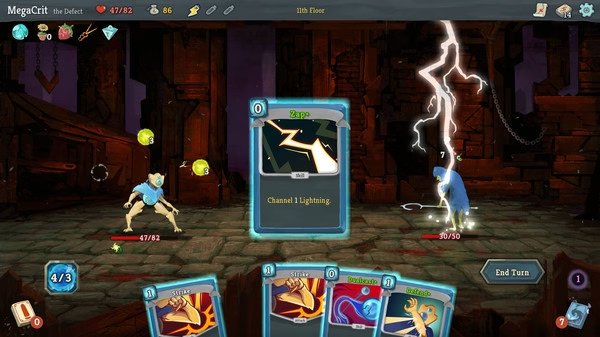Screenshot from Slay the Spire showing a battle scene with cards and enemies. The player character is channeling lightning.