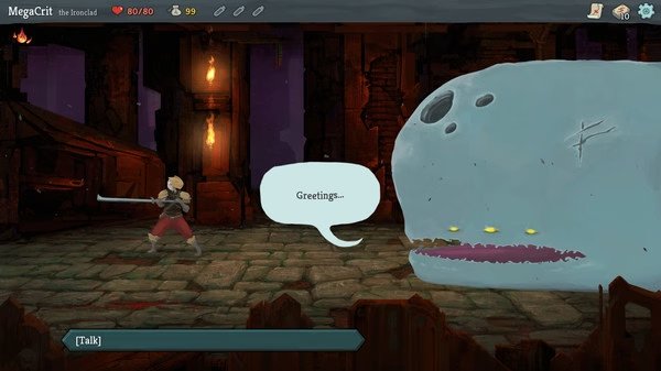 A 'Slay the Spire' screenshot showing a character facing a giant whale-like creature with "Greeting..." text bubble.