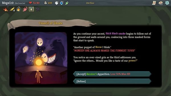 Slay the Spire screenshot: The Council of Ghosts offers a choice to gain Apparitions at the cost of 50% max HP in an eerie setting.