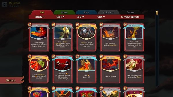 Slay the Spire screenshot showing the card selection menu, highlighting various cards with their abilities and upgrade options.