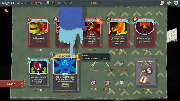 Screenshot from Slay the Spire shows a card selection interface with detailed descriptions and player stats at the top.
