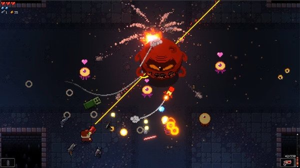 Enter the Gungeon screenshot: A character battles a large, red enemy in a dungeon, firing weapons amidst explosions and heart symbols.