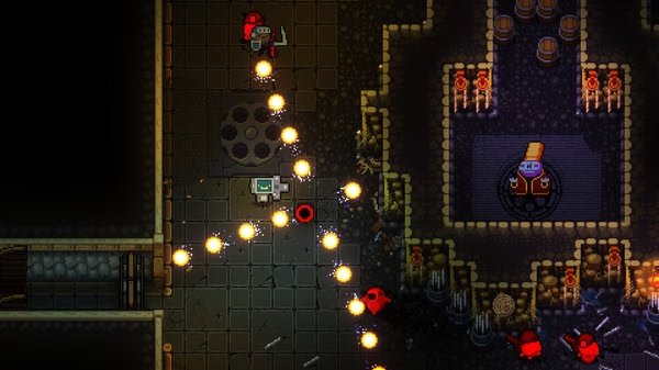 Enter the Gungeon screenshot: A player dodges bullets while fighting enemies in a dark dungeon room with a turret and barrels.