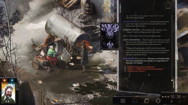 Screenshot of Disco Elysium - The Final Cut showing dialogue options, a character portrait, and two figures near a dumpster in a snowy area.