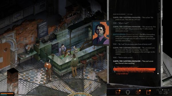 Disco Elysium - The Final Cut screenshot: A conversation with Garth at a bar, dialogue options visible on the right side of the screen.