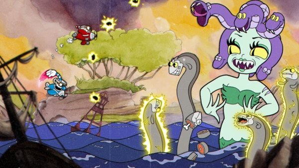 Screenshot from Cuphead showing a battle with a sea monster featuring multiple snake-like heads and two characters in combat.