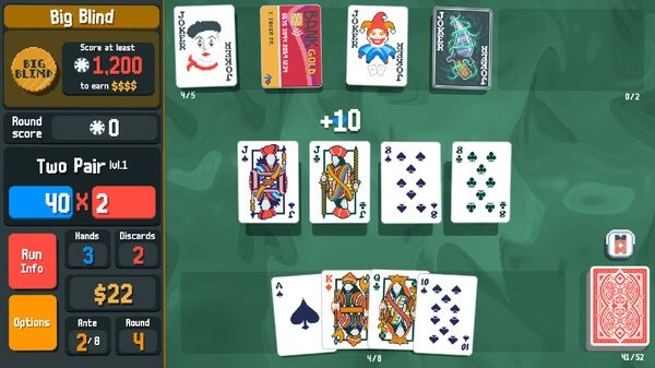 Screenshot from Balatro showing a poker game interface with score, hand cards, and game options displayed.