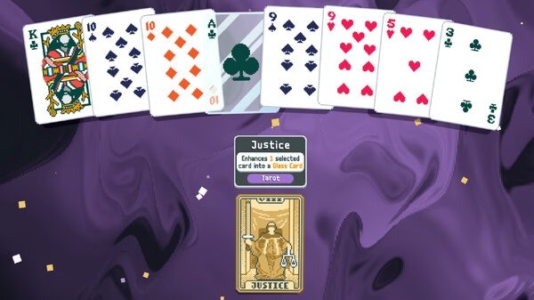 Screenshot from Balatro showing a hand of playing cards and a "Justice" card effect, enhancing a selected card into a glass card.