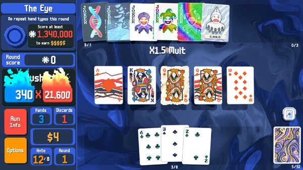 Screenshot from 'Balatro' showing a game interface with playing cards, scores, and player options on a blue swirling background.