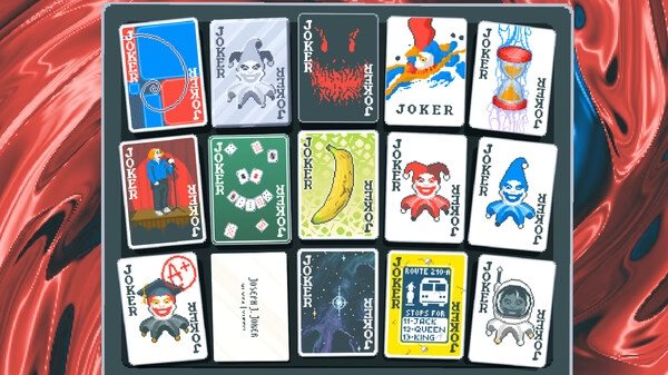 A screenshot from Balatro showing a grid of colorful Joker-themed cards with various designs against a swirling red background.