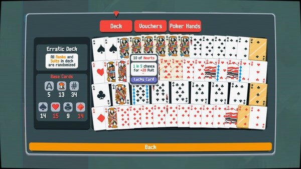 Balatro screenshot: A card game interface displaying various decks, including base cards and poker hands.