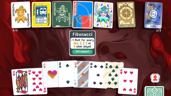 Screenshot of Balatro game featuring a hand of cards with various suits and symbols on a red background.