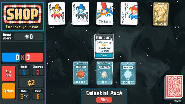 Balatro screenshot featuring a card game interface with shop options, celestial pack cards, and visible player stats.
