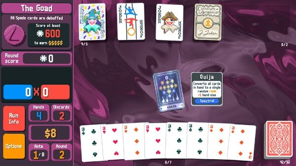 Balatro screenshot: A card game interface showing player stats, cards with special effects, and a hand of seven playing cards.