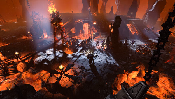 Screenshot of Age of Wonders 4 showing a fiery underworld scene with warriors and a towering creature amidst lava and rocky terrain.
