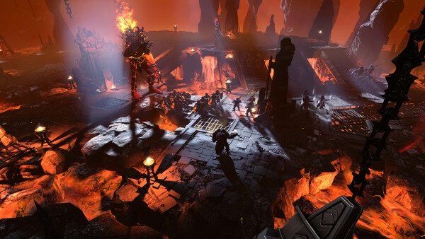 Screenshot of Age of Wonders 4 showing a fiery underworld scene with warriors and a towering creature amidst lava and rocky terrain.
