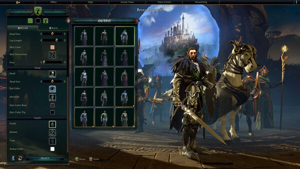 Age of Wonders 4 screenshot: Character customization screen showing a knight in armor with a sword and horse, castle in the background.
