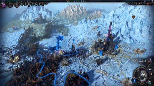 Screenshot from Age of Wonders 4 showing a snowy landscape with a mystical castle and a dragon in the foreground.