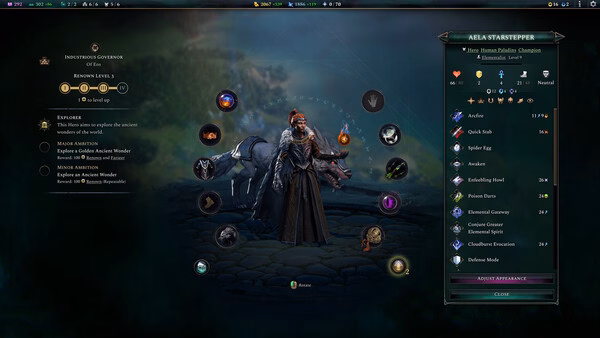 Age of Wonders 4 screenshot: A character customization menu displays options and stats for a hero alongside a horse companion.