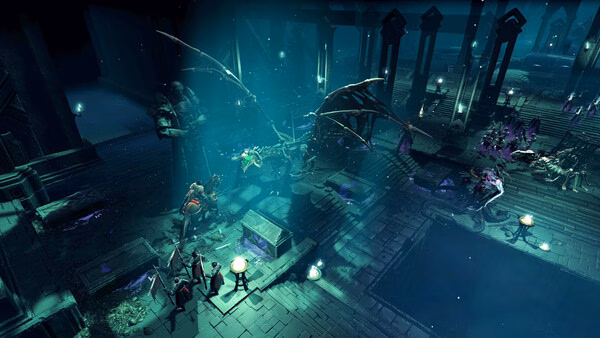 Age of Wonders 4 screenshot showing a dark, glowing dungeon with winged creatures, warriors, and scattered magical artifacts.