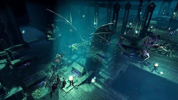 Age of Wonders 4 screenshot showing a dark, glowing dungeon with winged creatures, warriors, and scattered magical artifacts.