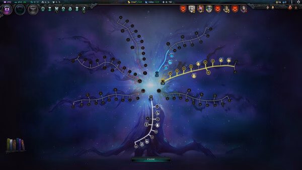 Age of Wonders 4 screenshot: A complex skill tree with branching paths displayed against a cosmic background.