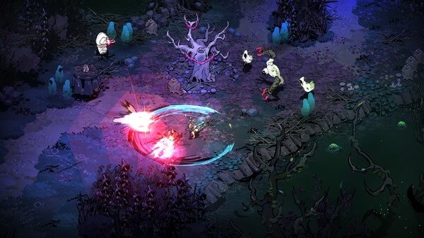 Hades II screenshot: A character battles skeleton-like enemies in a dark, mystical forest with glowing attacks and eerie surroundings.
