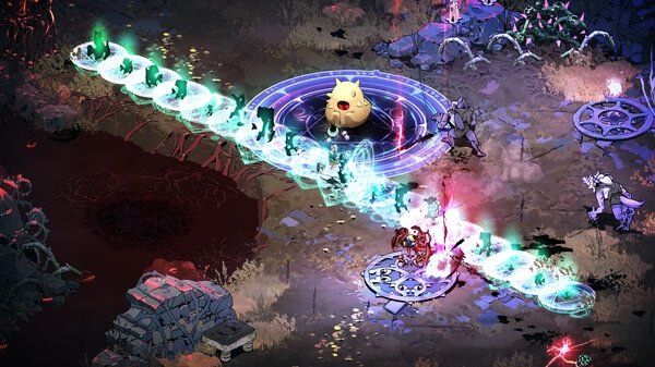 Hades II screenshot: A character battles enemies in a magical arena with glowing attacks and a circular portal in a dark, mystical environment.
