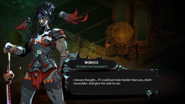Screenshot from Hades II shows a character named Nemesis with red accents, speaking in a dialogue box about training harder.