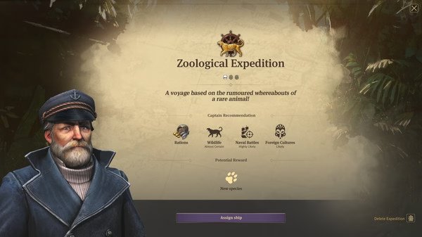Screenshot of Anno 1800 shows a Zoological Expedition screen, detailing objectives and potential rewards for finding a rare animal.