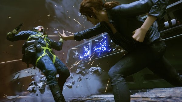 A dynamic screenshot from CONTROL Ultimate Edition featuring a character using telekinesis to attack an enemy amidst debris.