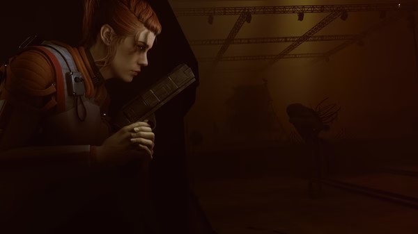 A screenshot from CONTROL Ultimate Edition showing the protagonist holding a weapon in a dimly lit room with shadowy figures.