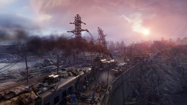 Screenshot from Metro Exodus showing a train emitting smoke on a bridge at sunset, with industrial structures in the background.