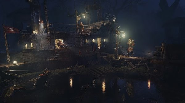 A screenshot from Metro Exodus shows a dimly lit swamp area with a boat, lanterns, and characters near a rusty ship at night.