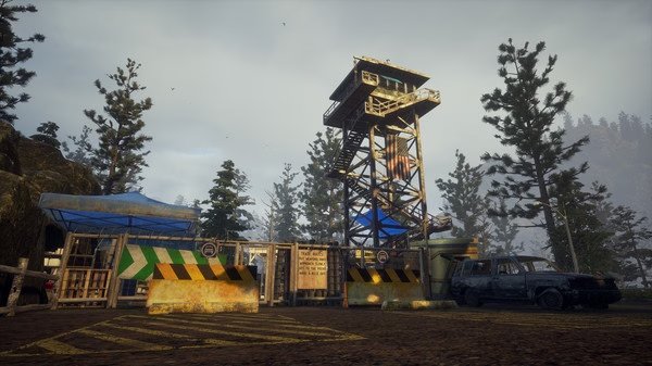 Screenshot from State of Decay 2: Juggernaut Edition showing a watchtower surrounded by trees and abandoned vehicles.