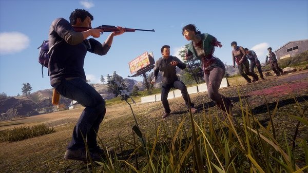 State of Decay 2: Juggernaut Edition screenshot showing survivors fighting zombies in a grassy area under a clear sky.