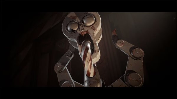 Screenshot from Atomic Heart featuring a menacing robot with large eyes and a twisted, candy-striped appendage in a dimly lit room.
