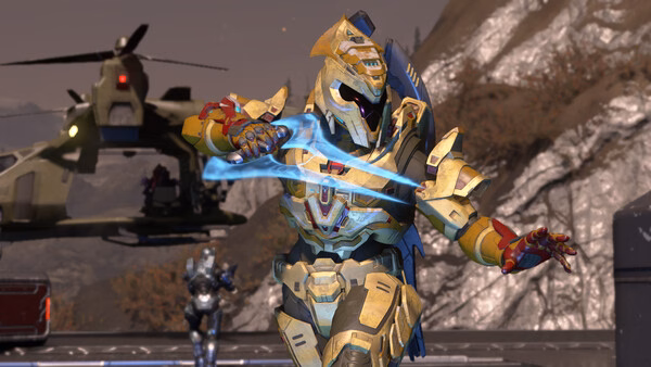 Halo Infinite screenshot: A Spartan warrior in golden armor wields an energy sword with a Pelican aircraft in the background.