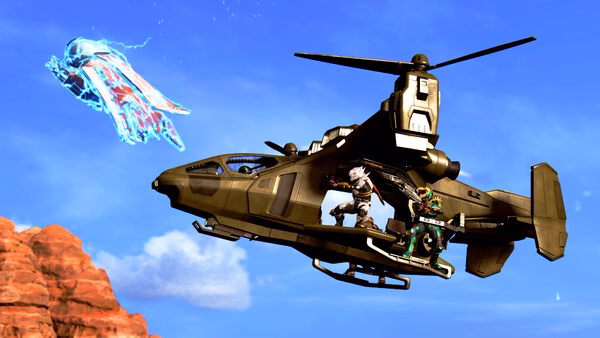 Halo Infinite screenshot: A helicopter flies near rocky cliffs as a glowing alien ship hovers in the blue sky.