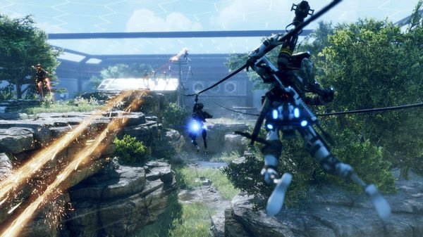 Titanfall® 2 screenshot: Players navigate a lush, futuristic landscape using ziplines, with visible gunfire and high-tech gear.