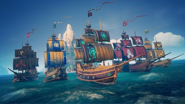 A screenshot from Sea of Thieves: 2026 Edition showing colorful pirate ships sailing on the ocean near rocky islands.