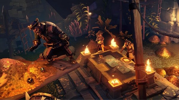 Sea of Thieves: 2026 Edition screenshot showing pirates exploring a treasure-filled cavern with glowing gold and lit torches.