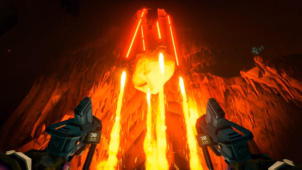 Deep Rock Galactic screenshot: A player dual-wields weapons facing a fiery, glowing meteor against a rocky cave backdrop.